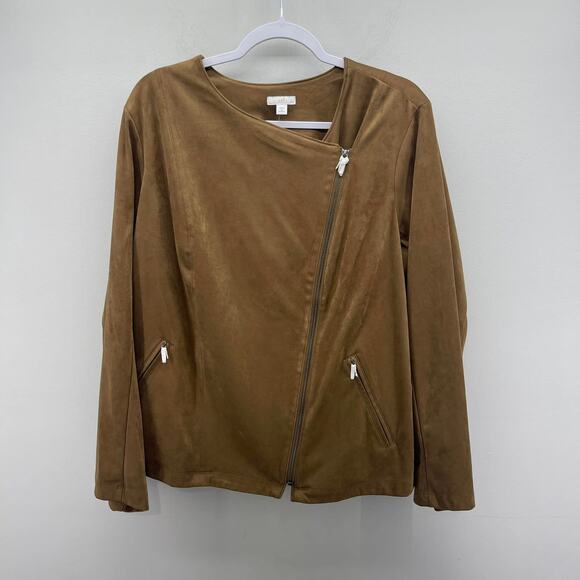 J Jill Moto Jacket Blazer Womens 1X Acorn Brown Soft Faux Suede Asymmetrical - Picture 1 of 7